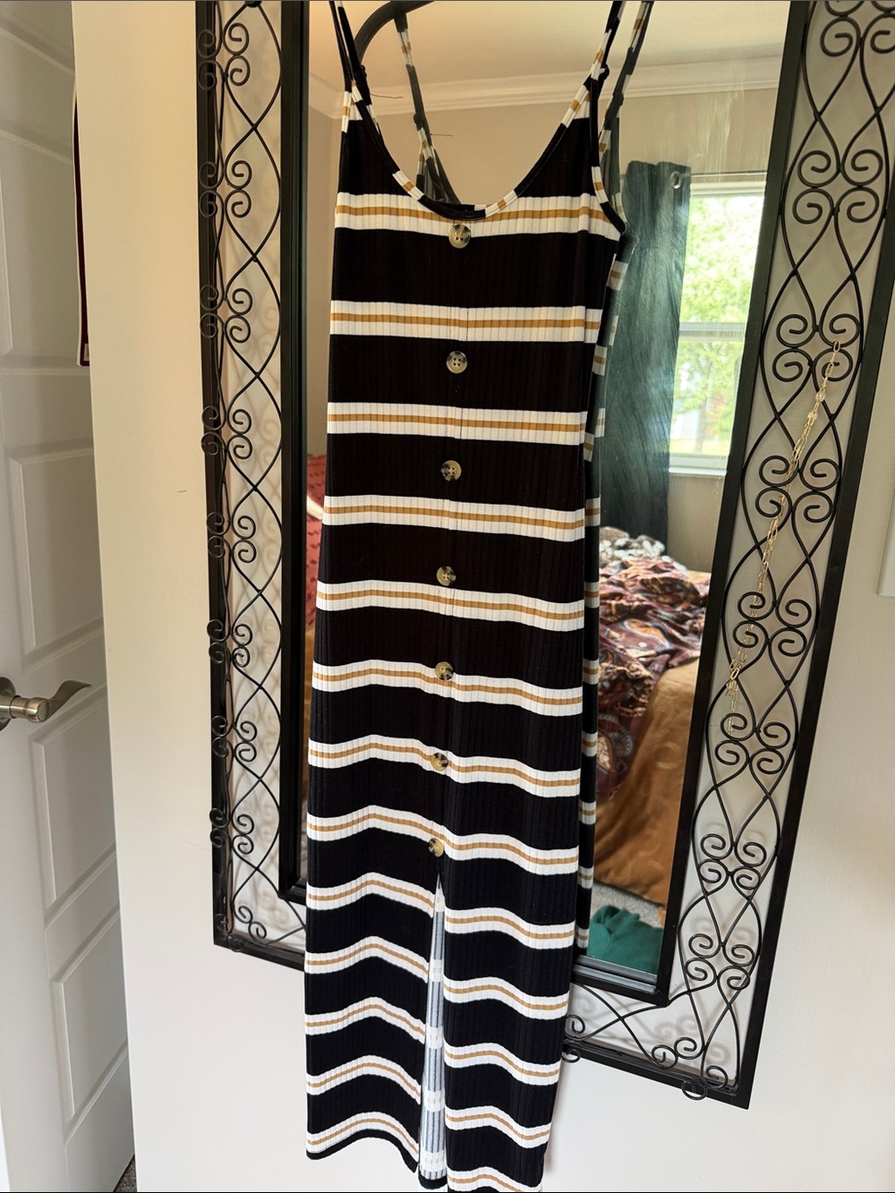 No Boundaries Black, White & Gold Striped Button-Front Midi Dress